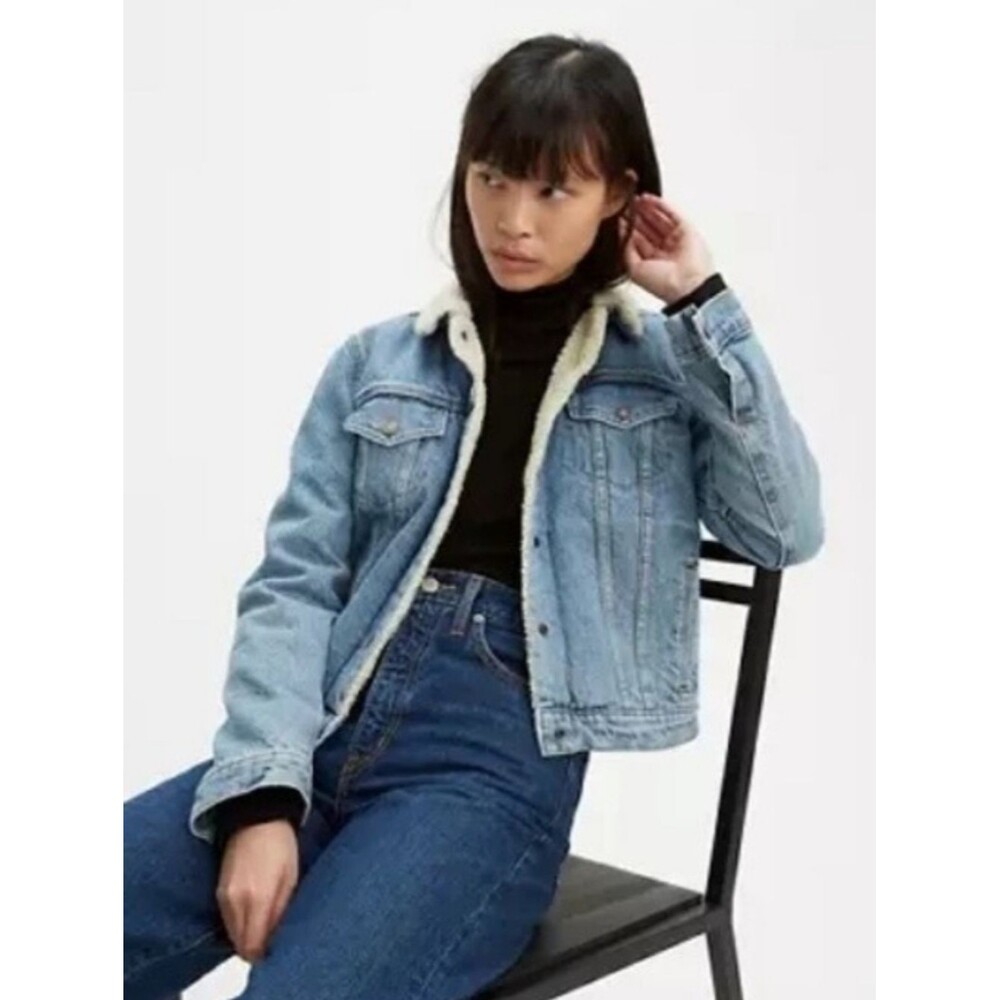 levis premium big E denim trucker ex-boyfriend jacket sherpa lined womens small